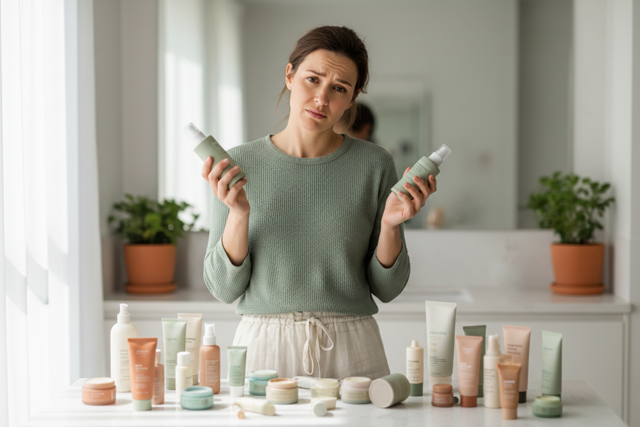 Overwhelmed postpartum mother choosing skincare